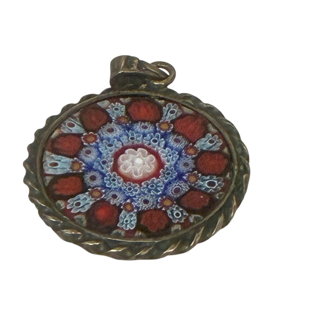 Vintage Millefiori Floral Pendant in Red and Blue